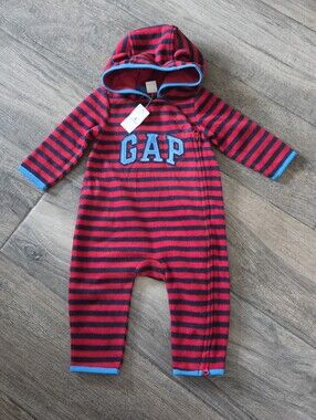 GAP Baby NWT 6-9 Months Red and Blue Striped Fleece One-Piece Romper